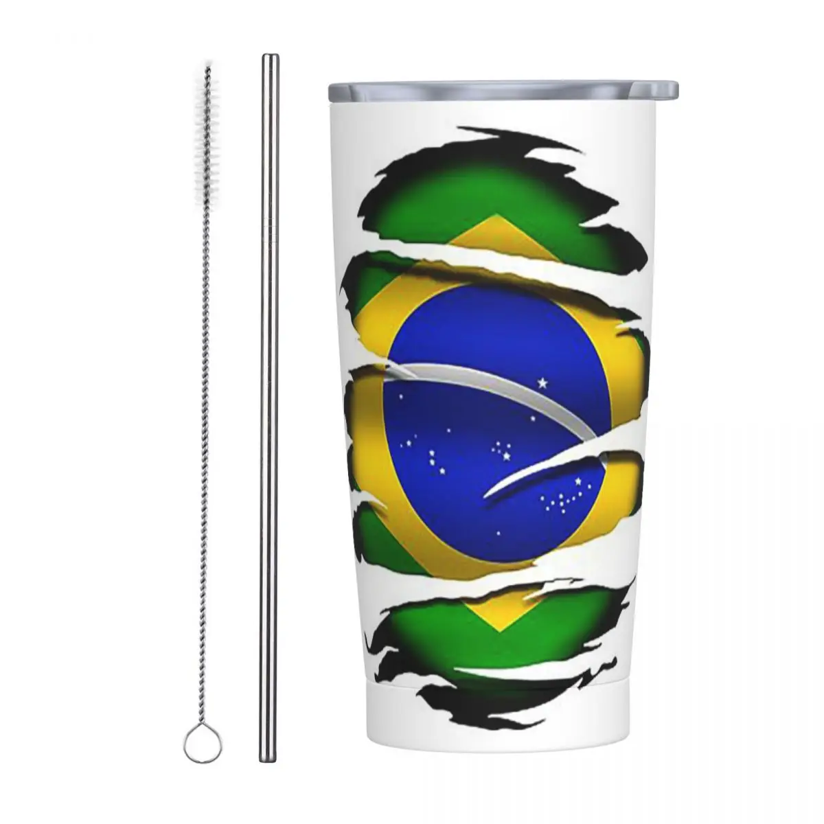 Brazil Torn Flag Tattoo Stainless Steel Tumbler Vacuum Insulated Mug Thermal Cold Cup Straw With Lid 20oz