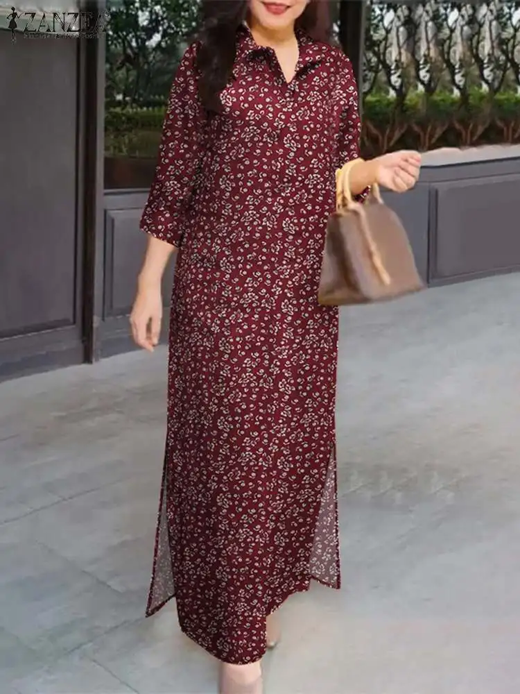 ZANZEA-Vestido camisero largo de trabajo elegante para mujer, Vestido veraniego Vintage con cuello de solapa y manga 3/4, Vestido informal Floral, vestidos de algodón