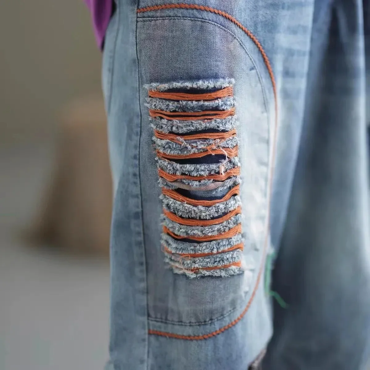 Letnie damskie szorty jeansowe z wysokim stanem, artystyczne, codzienne, luźne, cienkie, z przekłuciami, łączone, patchworkowe, z pięcioma rozcięciami, model JJ244