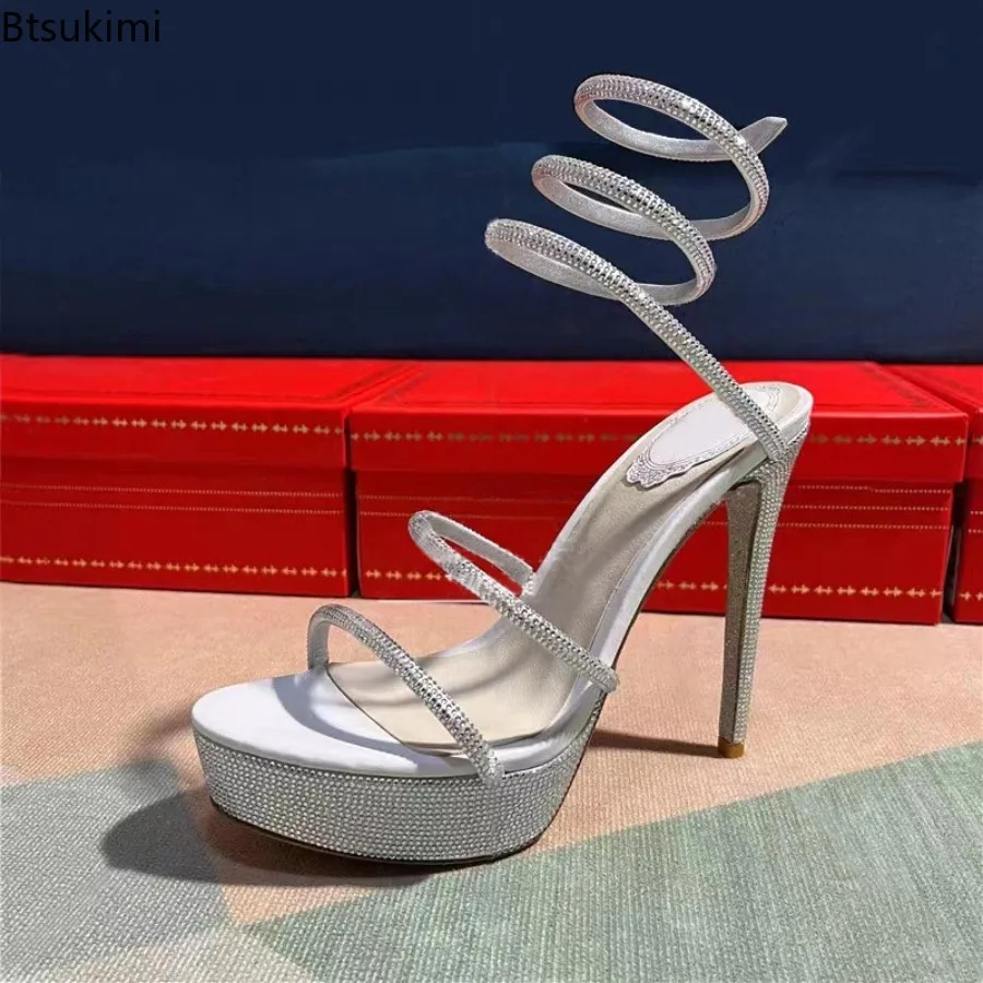 New 2026 Women's Summer High Heels Bling Rhinestone Waterproof Platform Ankle Wrapped Slim Heel Sandals Wedding Party Sandals