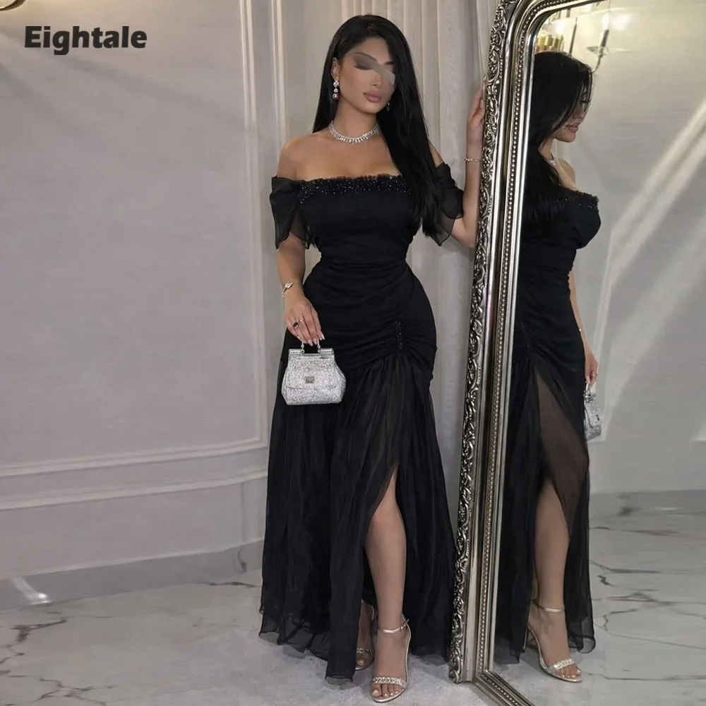 

Eightale Black Evening Dress Strapless Beaded High Side Slit Customized Floor Length Arabic Mermaid Prom Wedding Party Gown