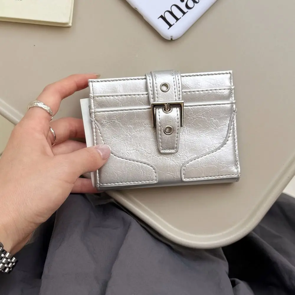 Simple Korean Style Women Short Wallet Ultra Thin Short Clutch Coin Pouch Purse Buckle PU Leather Card Holder Card Storage Bag