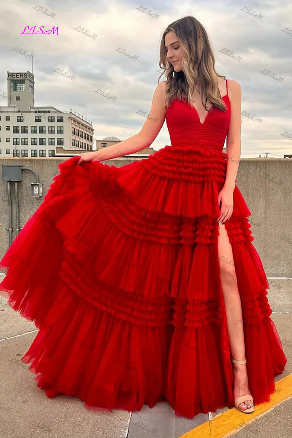 Glitter Tulle Tiered Spaghetti Straps Long Prom Dress with Slit Elegant Evening Party Dresses for Women 2023 Vestidos De Gala