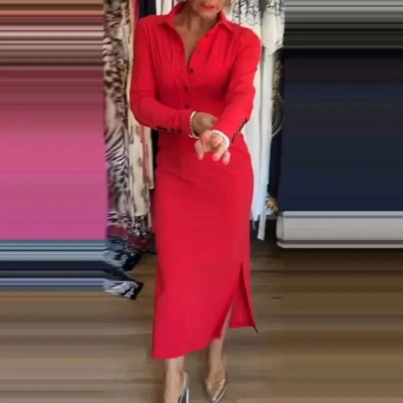 Vestido de fiesta rojo con cuello de botón para mujer, manga larga, elegante, informal, corte A, primavera, 2024