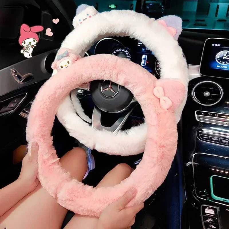 Sanrio Car Steering Wheel Cover Anime Kawaii My Melody Accessories Cartoon Car Warm Plush Handlebar Cover Cute Decoration Gift