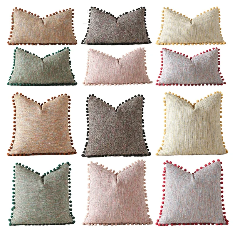 

Boho Green Throw Pillow Covers with Pompom 30x50cm/ 45x45cm Pillow Cases Velvet Texture Decorative Cushion Covers for Couch Sofa