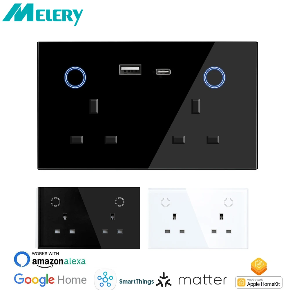 

Melery Matter Smart Things Tuya USB Type C PD 20W Wall Socket UK Plug Outlet Power Glass Touch Switch Remote Alexa Google Home