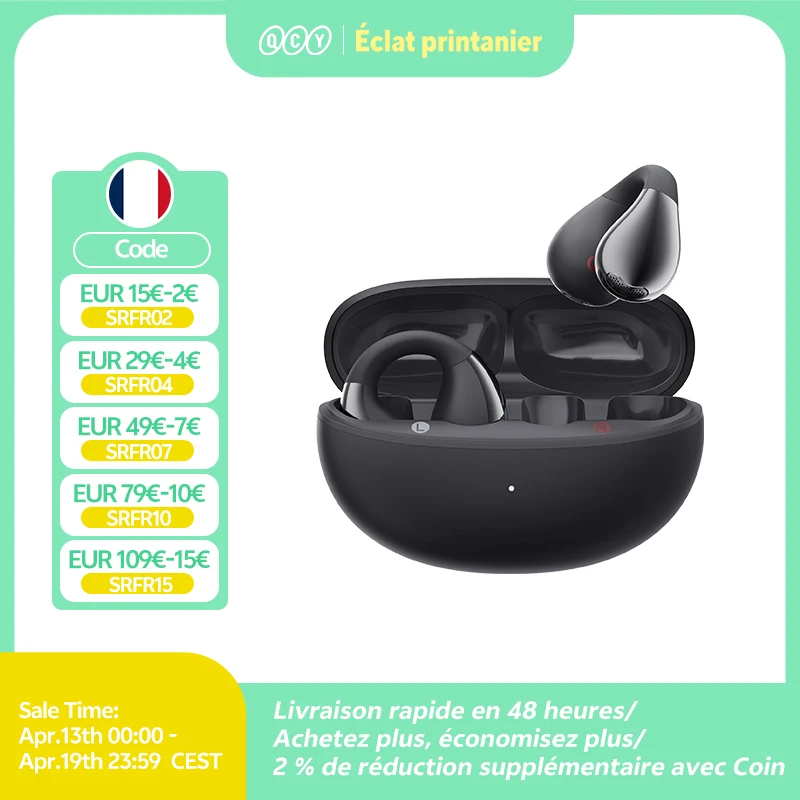 QCY Crossky-�couteurs � clip d'oreille C30, Bluetooth 5.4, sans fil, oreille ouverte, �couteurs de sport TWS, �couteurs � connexion touristique