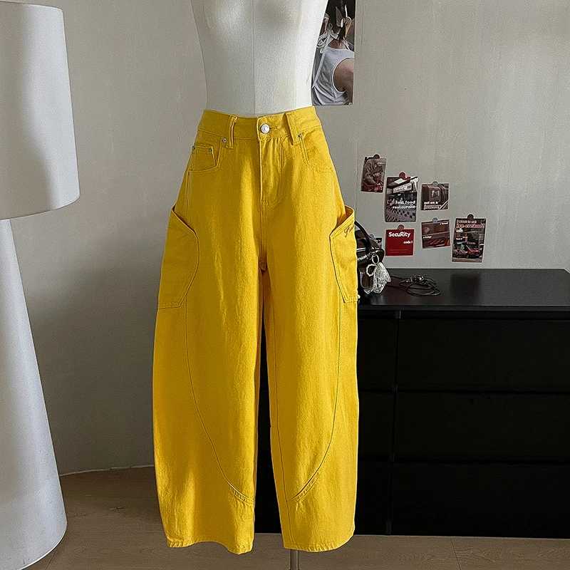 

Personality Yellow Large Pocket Loose Jeans Summer Women's High Waist Slimming Wide Leg Pants Korean Casual Versatile Denim Pant