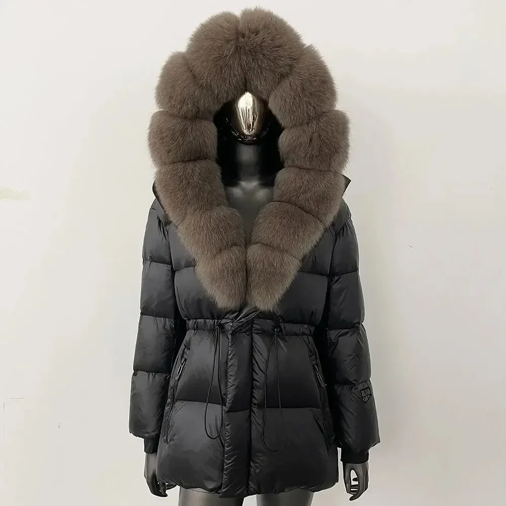 المرأة ريال كبير الثعلب الفراء طوق الشتاء الفراء الحقيقي الأبيض أوزة أسفل سترة جديدة الطبيعية فضفاضة سميكة حزام دافئ منتفخ سترة معطف