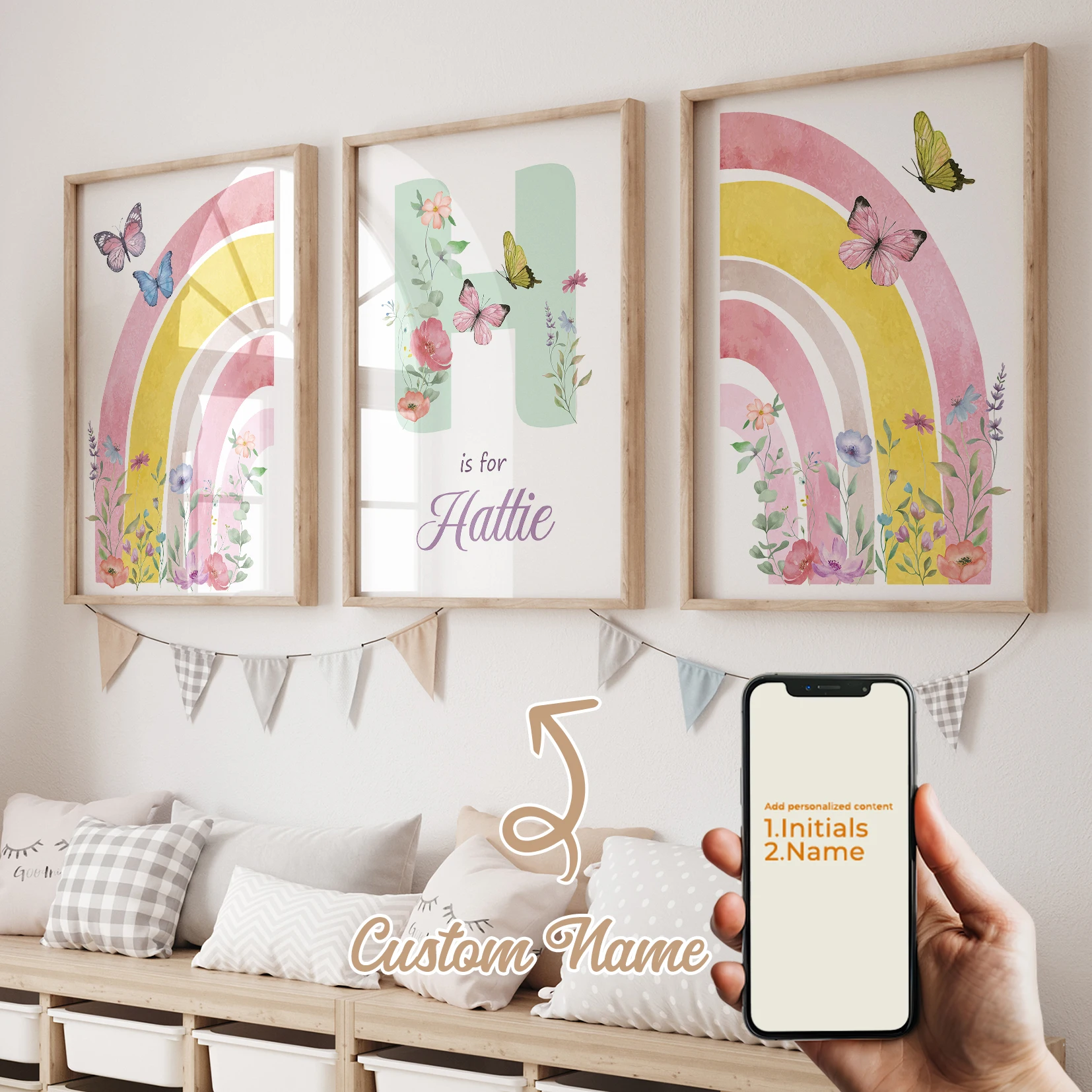 

Modern Personalized Name Custom Rainbow Butterfly Flower Wall Art Print Canvas Painting Poster Picture For Kids Room Home Decor