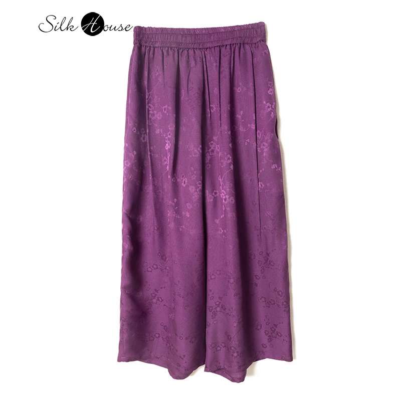 

Purple Wintersweet Jacquard Breathable 100% Natural Mulberry Silk HuaLuo Temperament Comfortable Women's Casual Wide-leg Pants