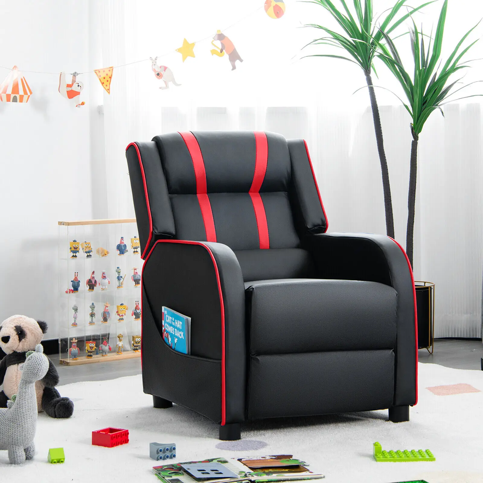 Giantex-silla reclinable ergonómica de cuero para niños, sillón con reposapiés y bolsillo lateral, Color Rojo