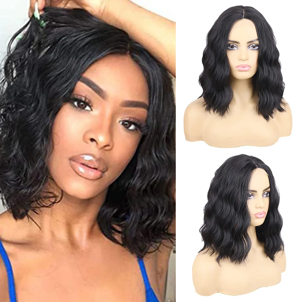 

Женский короткий вьющийся парик, кружевная фронтальная волна воды, термостойкий синтетический черный парик, легко стиляется и обслуживается