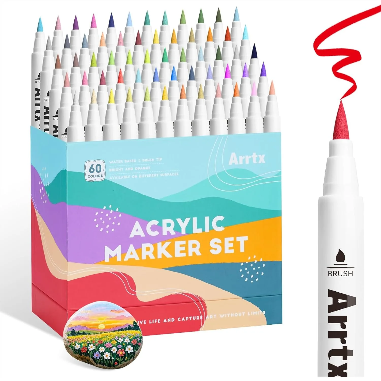 

60 Colors Acrylic Paint Pens, Brush Tip for Rock Painting, Wood, Canvas, DIY Crafts - Quick Dry & Waterproof