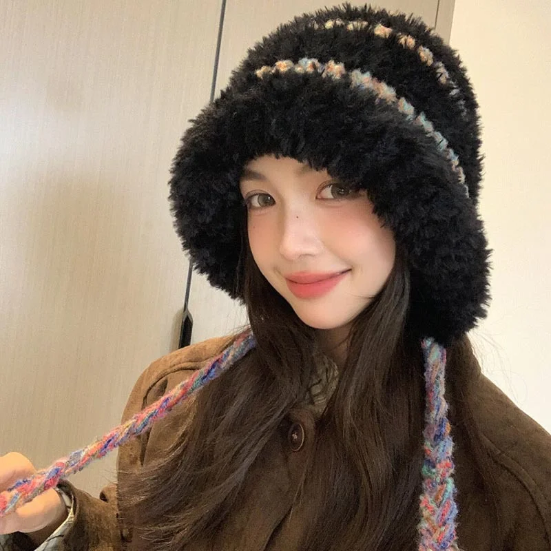 Women Knitted Ear Protective Warm Hat Fluffy Plush Cold Resistant Large Head Circumference Versatile Cap for Autumn Winter
