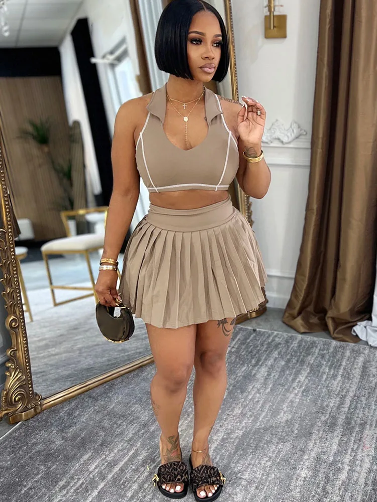 

Doyerl Active Wear 2 Piece Sets Woman Outfit Casual Sports Fitness Striped Vest Crop Top and Pleated Mini Skirt Matching Set