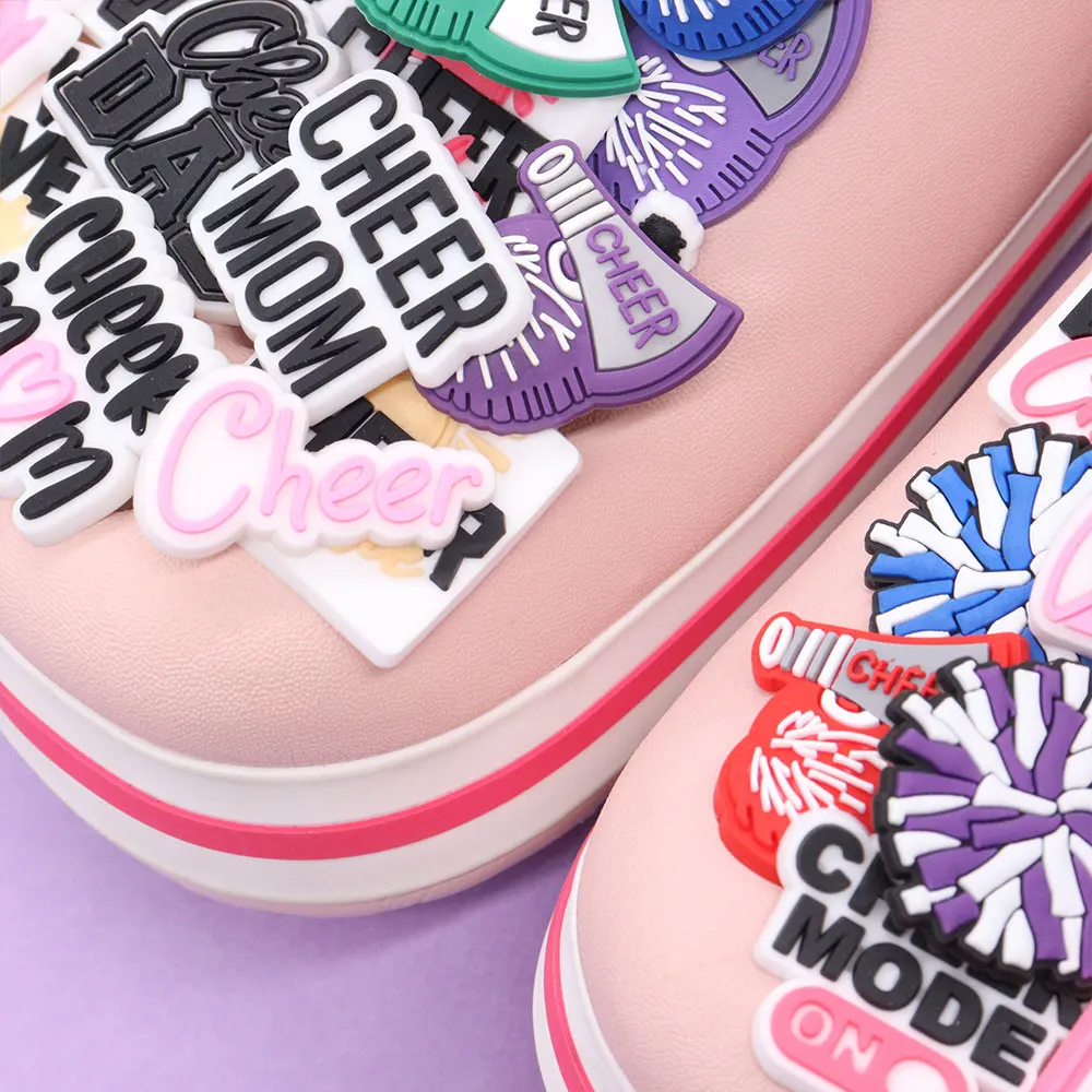 Mix 50PCS PVC Shoe Charms Live Love Cheer Mode On Cheerleader Speaker Dad Mom Sandals Shoes Decoration Accessories For Clogs Pin