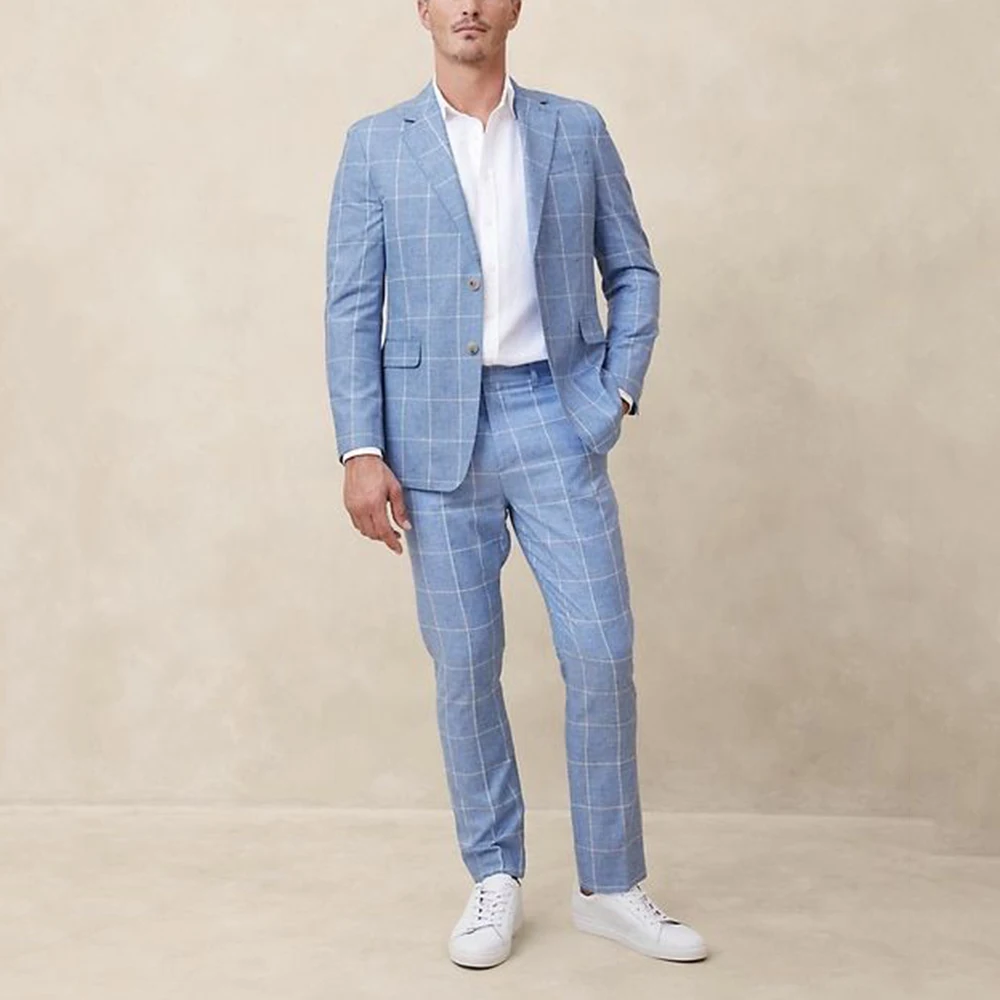 

Fashion Blue Plaid Men's Suits Single Breasted 2 Pieces Jacket Pants Blazers Sets Slim Fit Male Banquet Business Clothing