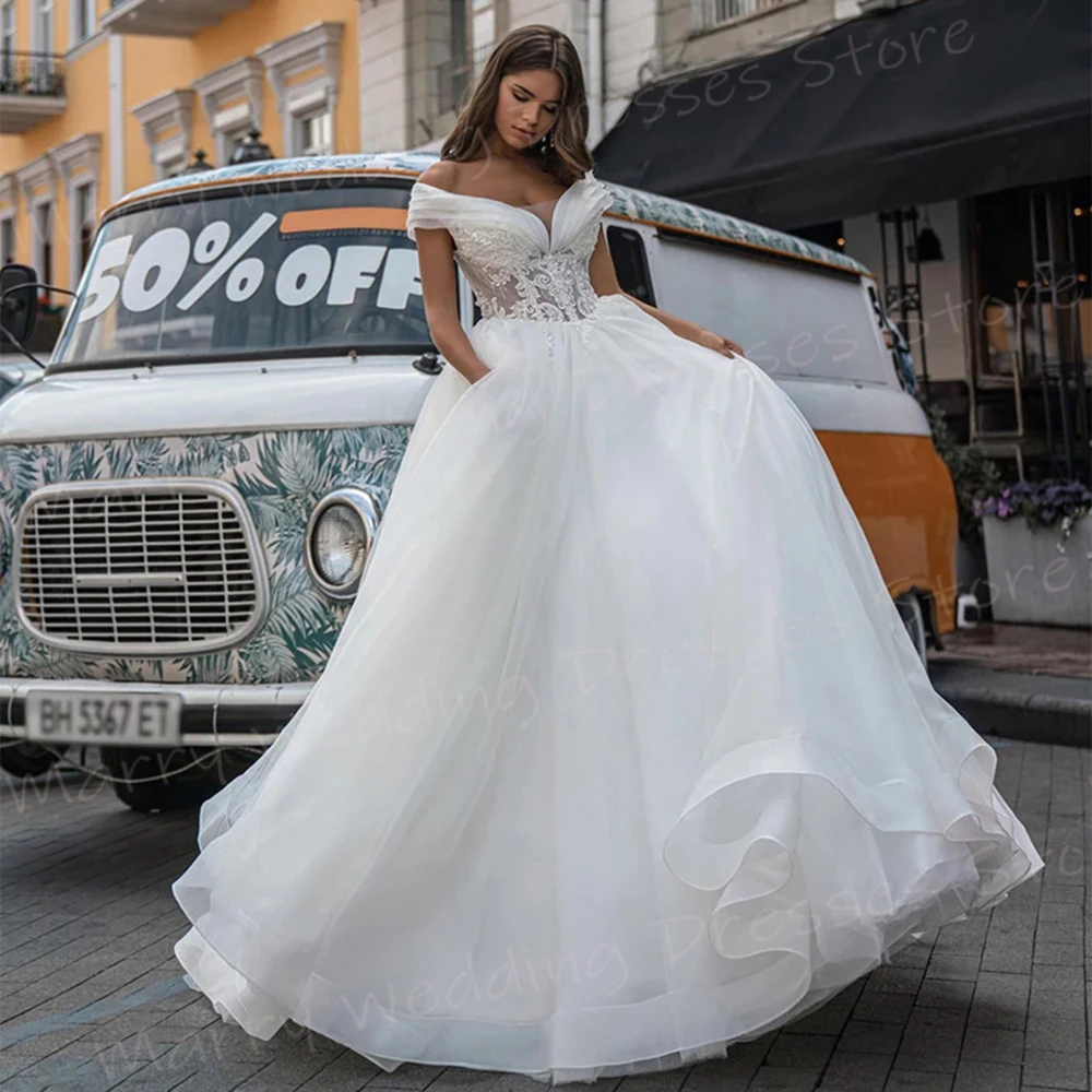 Vestido De Novia De corte en A para mujer, traje bohemio elegante, con apliques bonitos, con cordones, hombros descubiertos, Moderno