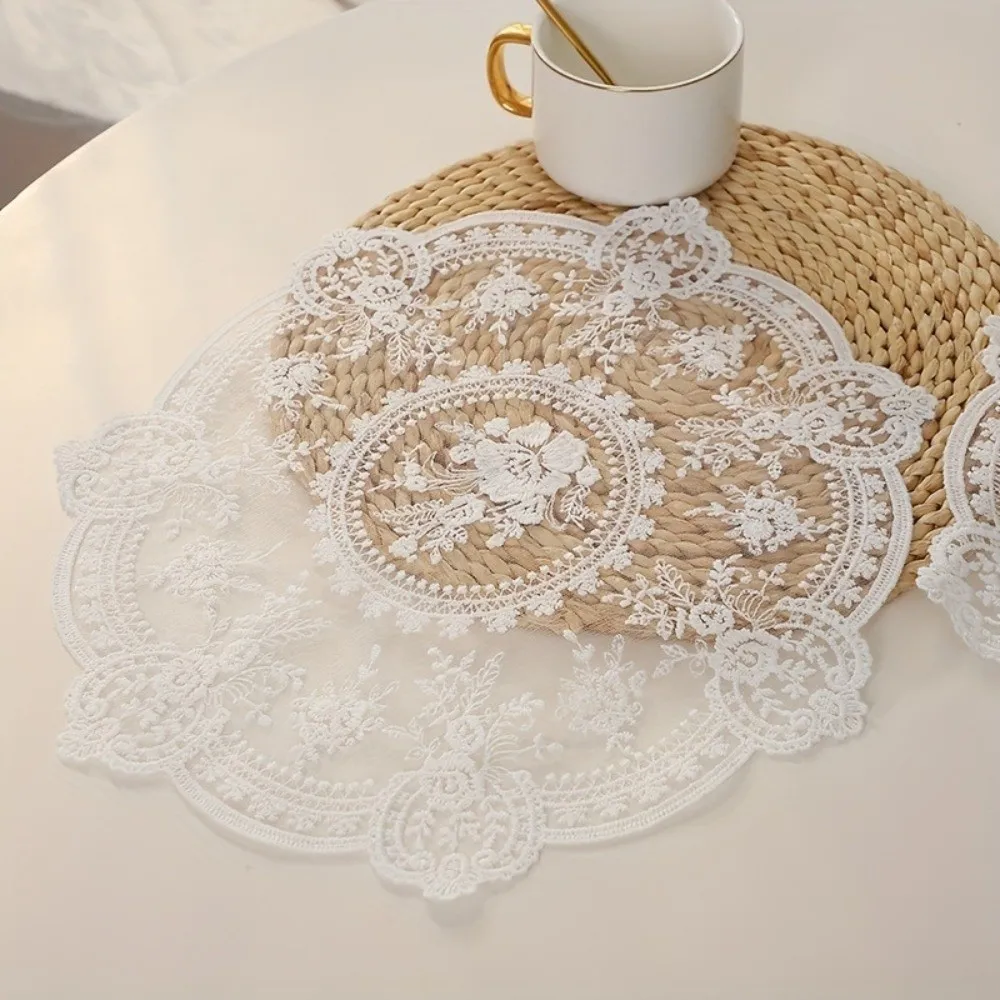 1/2/6pcs Embroidered Lace Tablemats Flower Embroidery Decorative Handmade Lace Table Mats Napkin Placemat Round