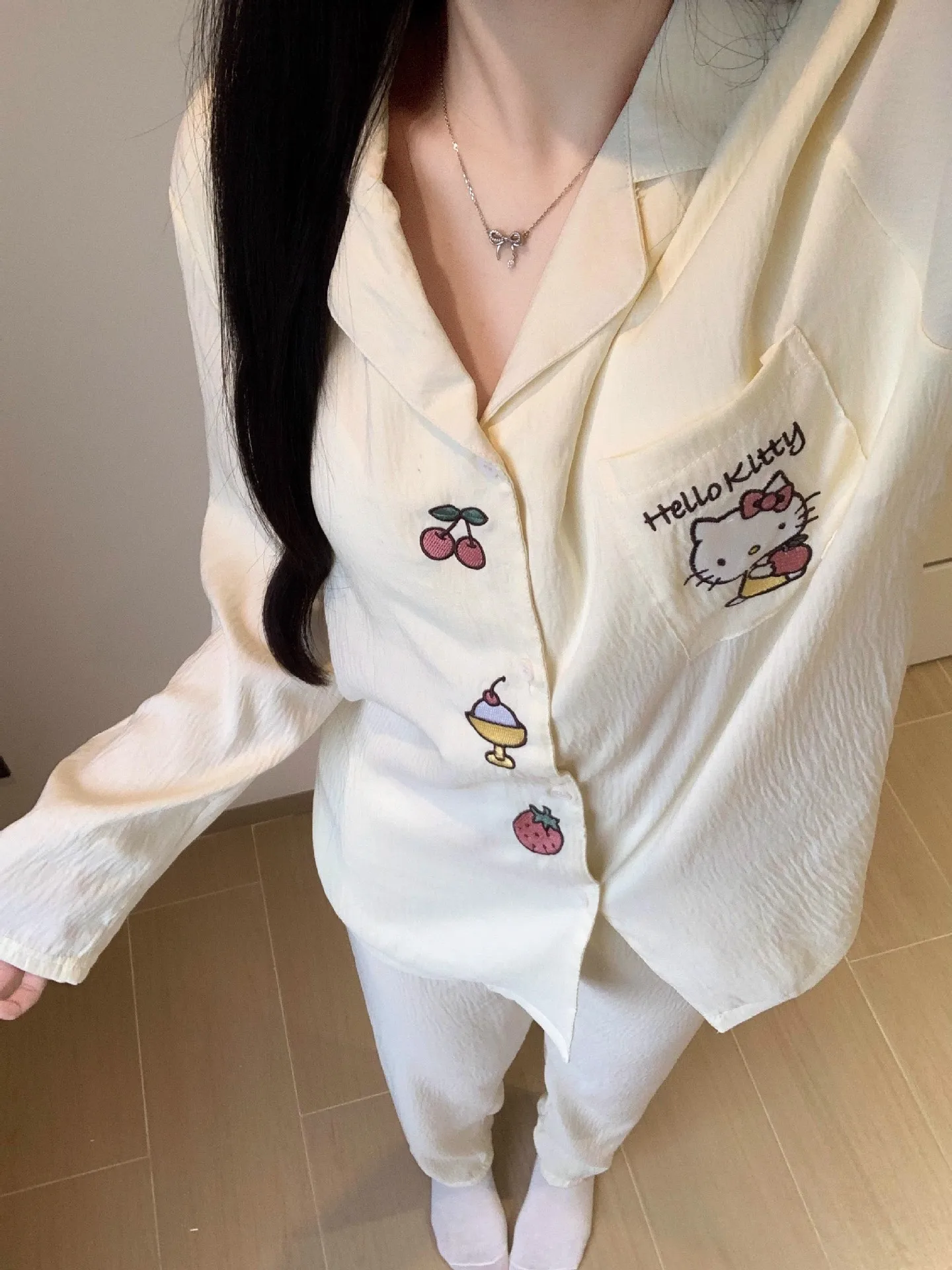 

Hello Kitty Women's Spring Autumn Long Sleeve Cloud Cotton Pajama Set Cute Sweet Kawaii Soft Cozy Home Loungewear