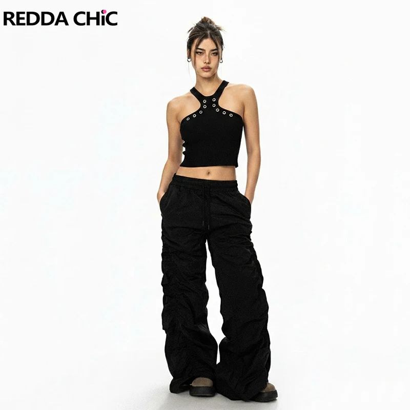 

REDDACHiC Rib Knit Cami & Ruched Pants Set Dark Punk Quick Dry Black Elastic Waist Palazzo Pants Cropped Top Trendy Streetwear