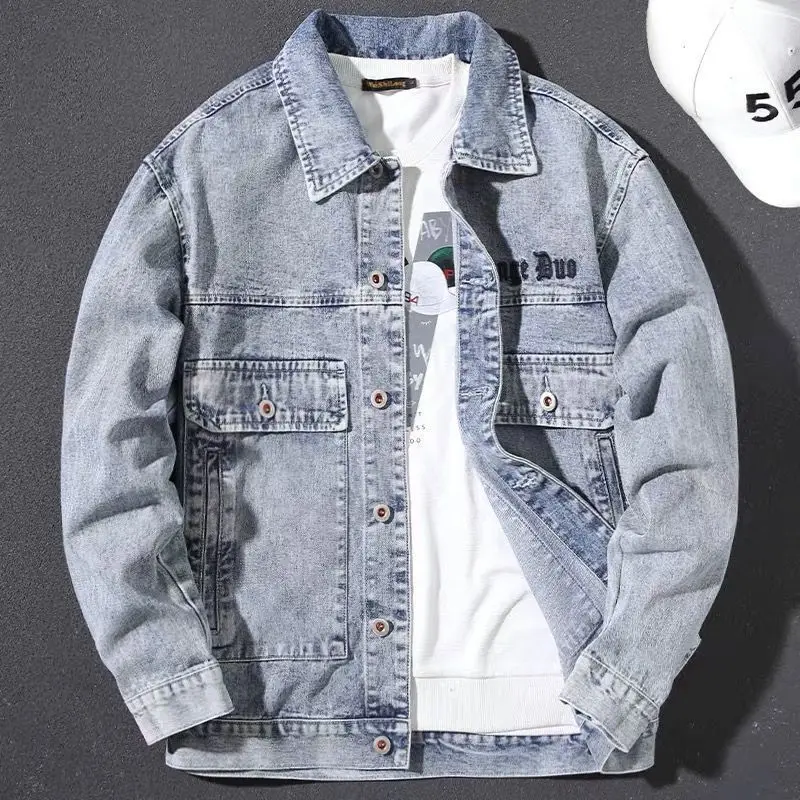 Men's Denim Jacket Wide Shoulders Male Jean Coats with Embroidery Blue Letter Trendy Menswear Fast Delvery Outwear Korea Casual