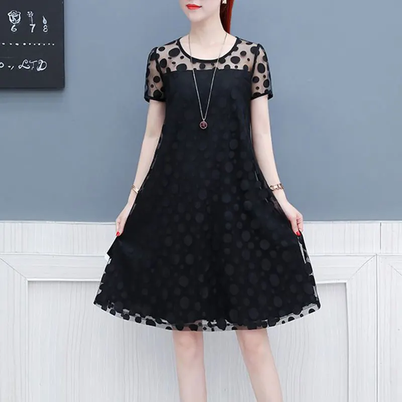 Women's O-Neck Polka Dot Loose A-line Skirt, Lace Off Shoulder Dresses, Casual Clothes, Solid Color, Summer Fashion