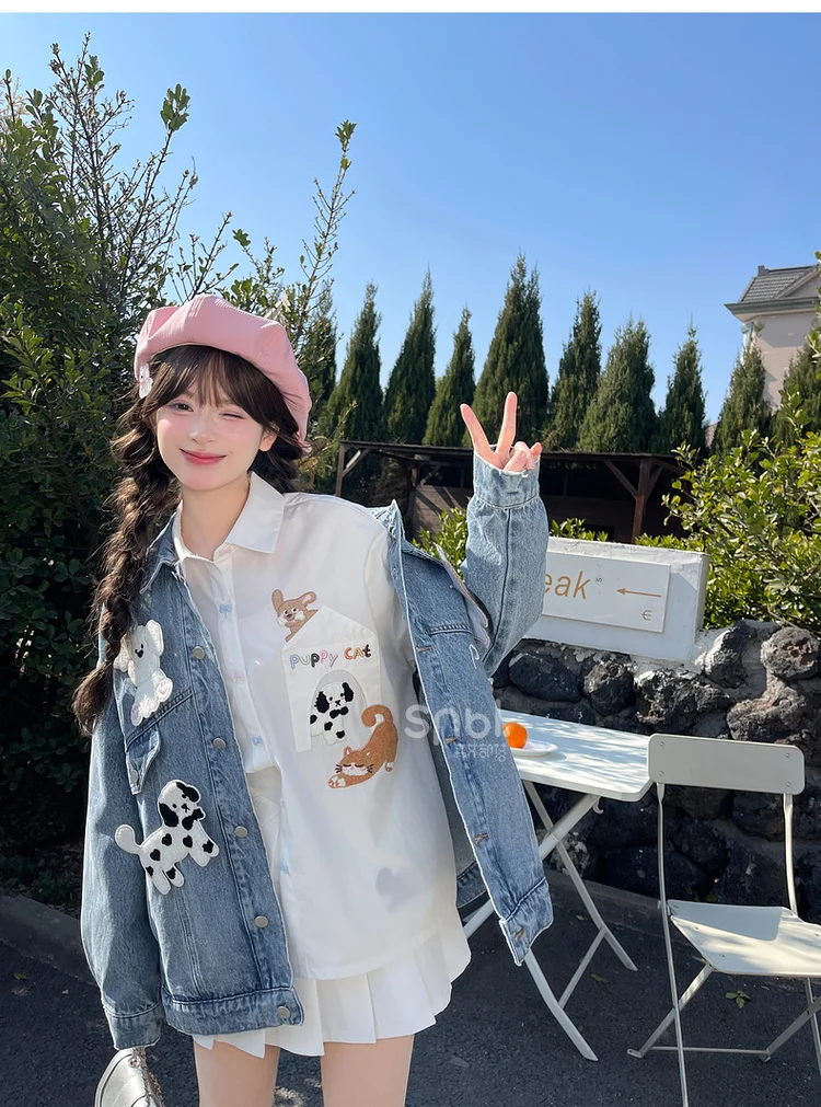 2025 Spring and Autumn New Loose Cute Style Cartoon Embroidered Blue Turn-Down Collar Long Sleeve Denim Jacket White Sweet Shirt