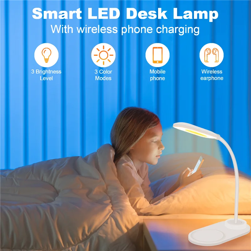 Lampa biurkowa LED z możliwością przyciemniania z bezprzewodową ładowarką, lampka biurkowa z bezprzewodowym ładowaniem Elastyczna lampka nocna z możliwością obracania