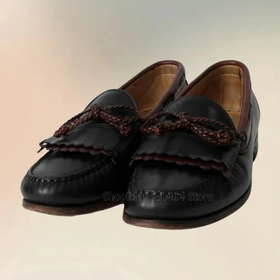 

Black Tassels Knitted Bow Knot Pleated Design Loafers Fashion Slip On Men Shoes Luxurious Handmade Party Office Men Casual Shoes