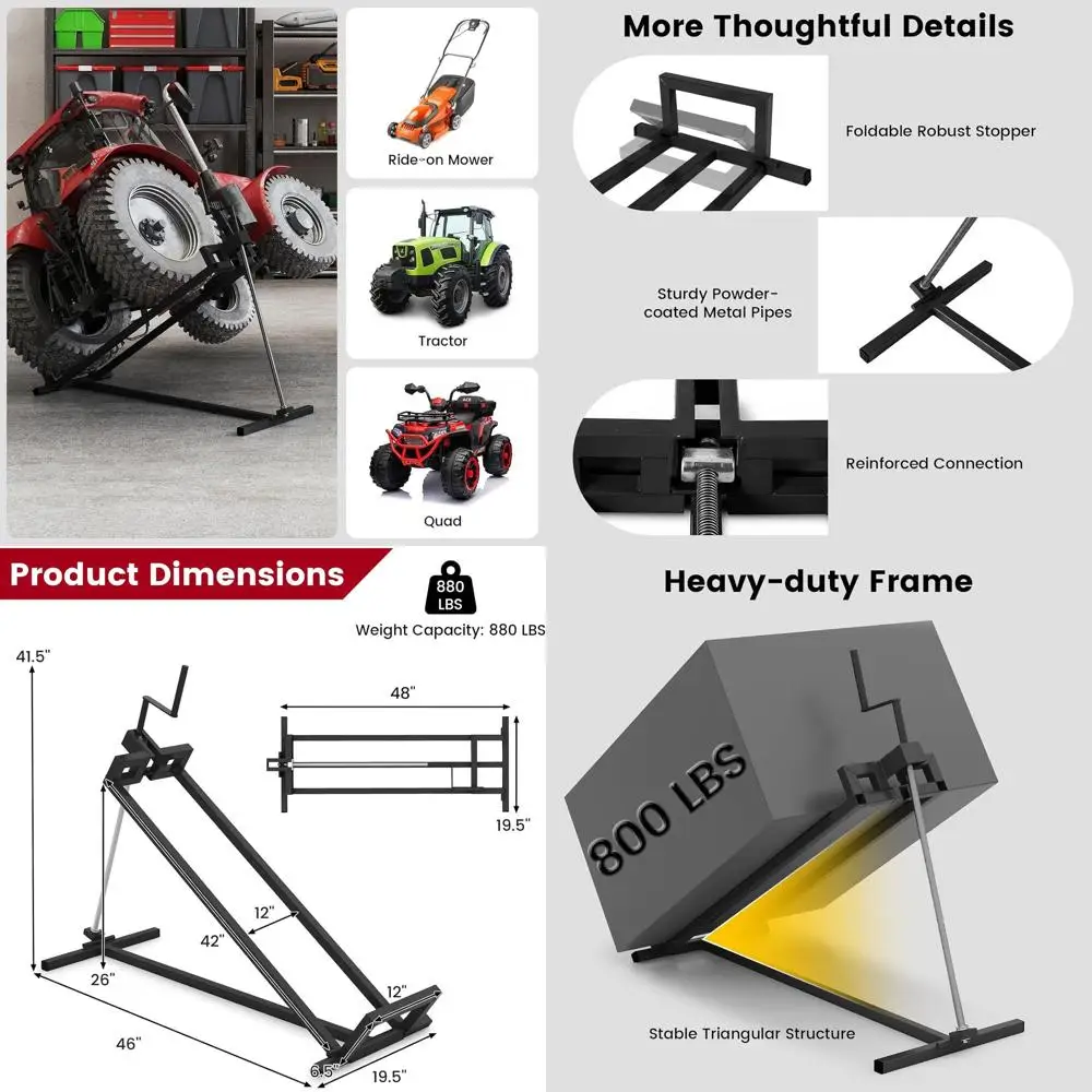 

880 lbs Capacity Folding Mower Lift Jack with Adjustable Height, Manual Handle, Rotating Sleeve for Garden and Farm Use