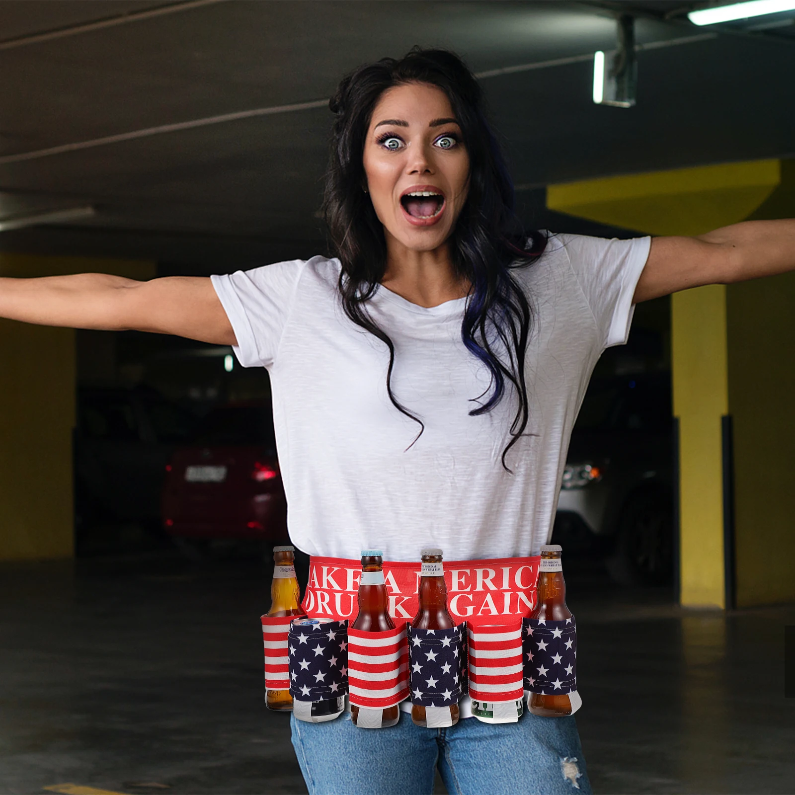 

1 pc Beverage Apron Waist Belt Holds 6 Cans Comfortable Adjustable Strap Quick Release Camping Parties Beach Drink Storage