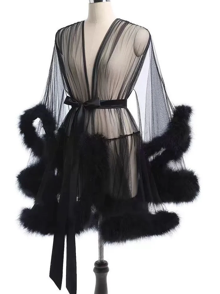 Sexy Transparent Mesh Outer Robe Bathrobe Nightgown See through Home Clothes Fur Splicing Sleeve mid Length Coat for Women view 5