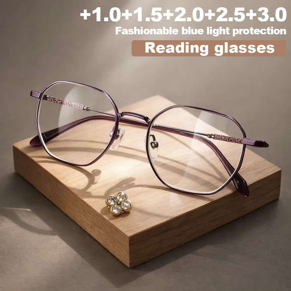 1pc Ladies Stylish Reading Glasses with Transparent Lenses And Shiny Metallic Round Frames Blue Light Blocking for Computer Use