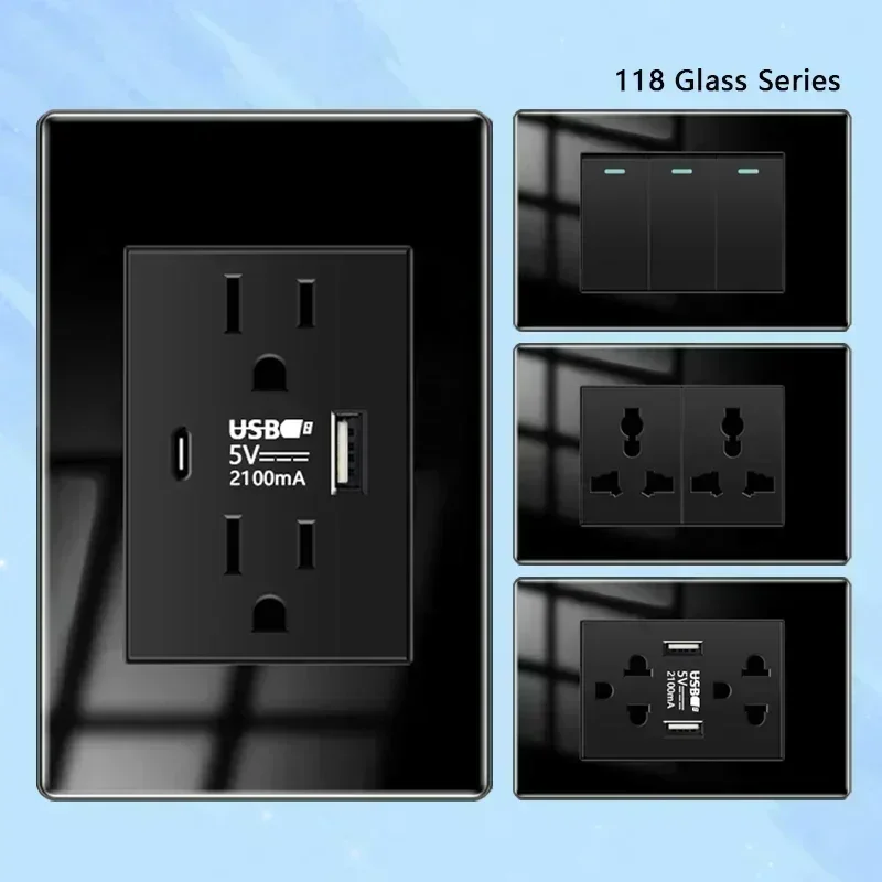 American Type-c Quick Charge Wall Power Outlet,2Way Light Electrical Switch Panel,Mexico Thai US Tempered Glass usb Socket Plug