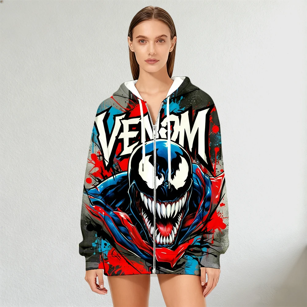 Marvel Venom Sweat à capuche zippé pour femme, mode automne-hiver, streetwear avec imprimé graphique vibrant pour les occasions de cosplay quotidiennes décontractées