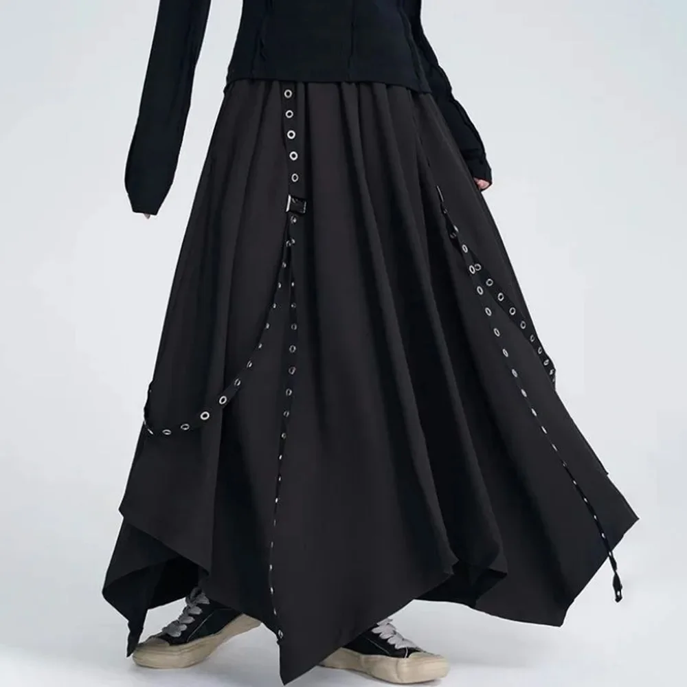 Pants Gothic Y2K Irregular Hem Patchwork Wide-Leg Skirt Pants Streetwear Belts Rivets Pleated Pants Hakama Men'S Clothing Unisex