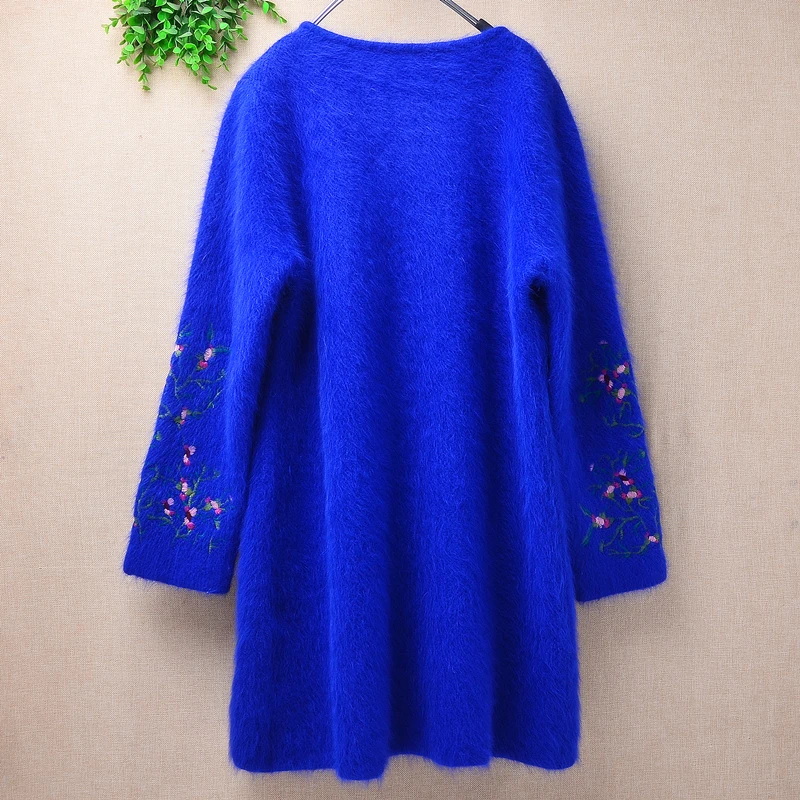 สุภาพสตรีผู้หญิงฤดูใบไม้ร่วงฤดูหนาวเสื้อผ้าสีฟ้าเย็บปักถักร้อยโครเชต์ Hairy Mink Cashmere ถักแขนยาวหลวมเสื้อสเวตเตอร์ถักเสื้อ