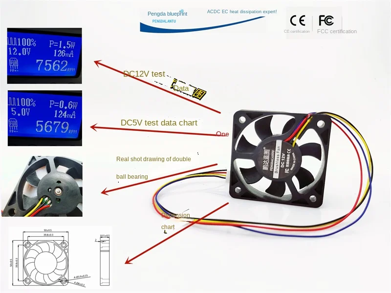 

New Pengda Blueprint 5010 5CM Dual Ball PWM Temperature Control 5V 12V DC Graphics Card Case Cooling Fan