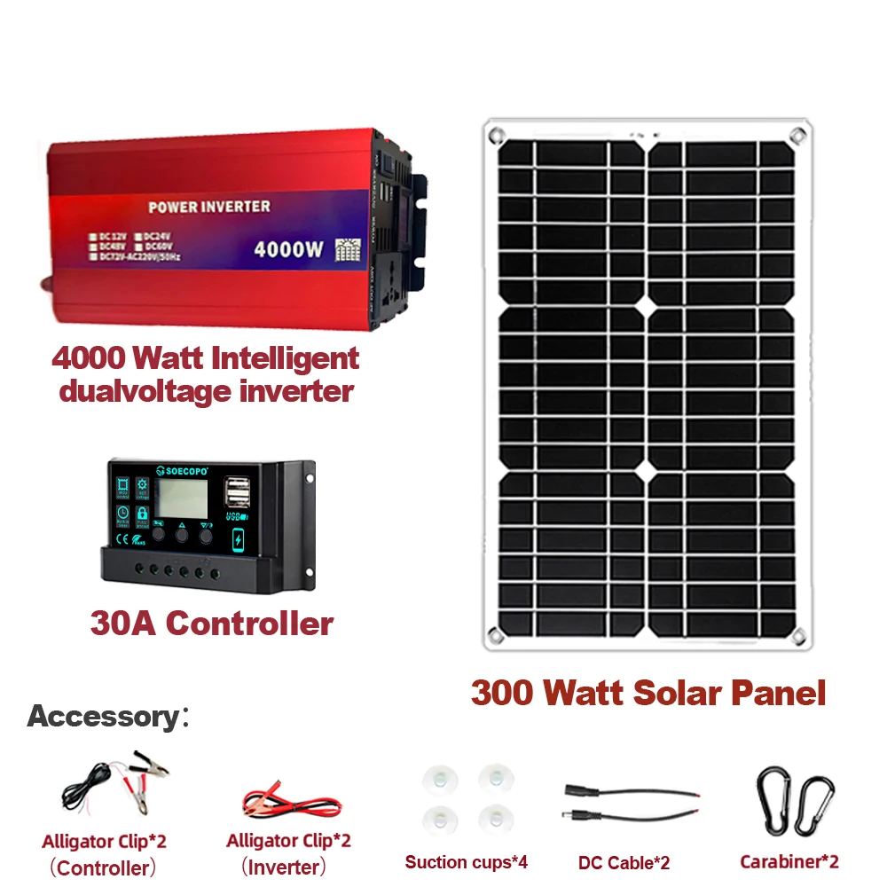 4000W Solar Kit Dual Voltage 4000W Inverter LCD Dual Outlets DC 12V24V to AC220V 300W Solar Panel 30A Controller Home Camping RV