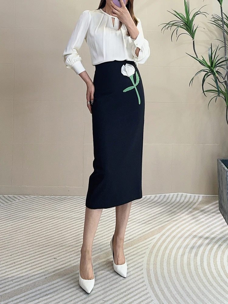 

Ele High Waist Silk f Skirt with Inner Straight Leg Bla Slimming Women's Faion Spring Summer Polyester