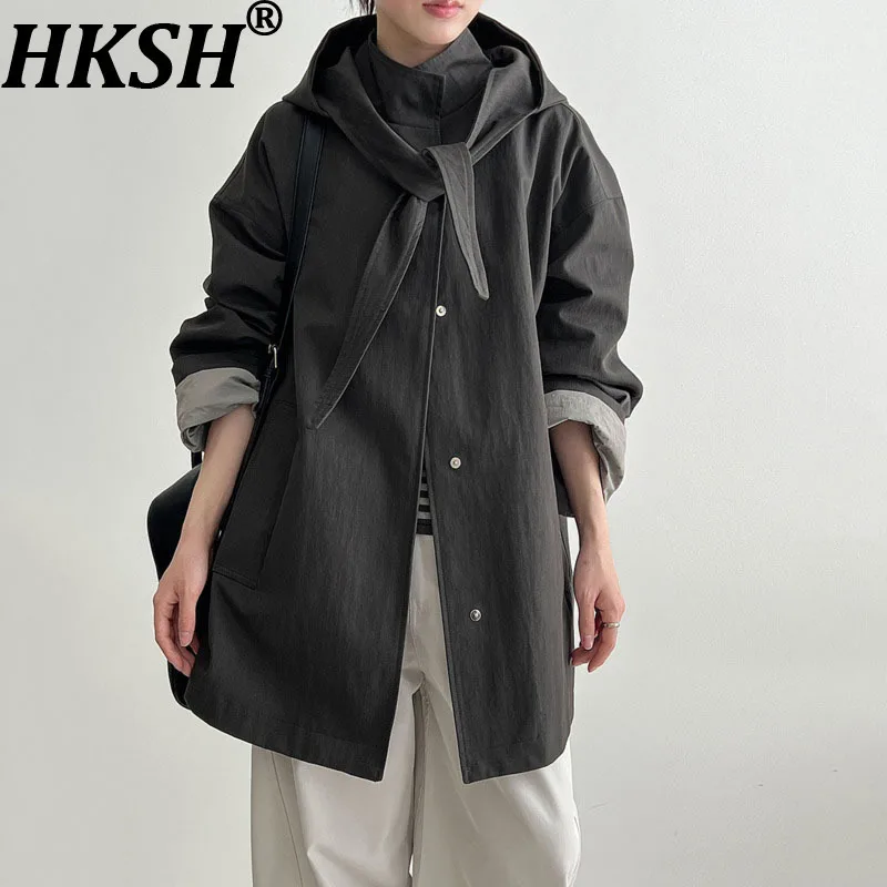 

HKSH весенне-осенний новый женский плащ со съемным капюшоном, однобортные карманы, корейская повседневная ветровка, шикарная куртка HK12880