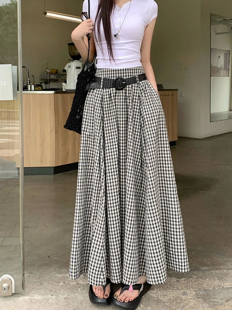 Midi Long Skirts Womens Maxi Skirt 2025 Spring Summer Black White Plaid Skirt Goth Vintage High Waist Ruffle Pleated Skirts rok