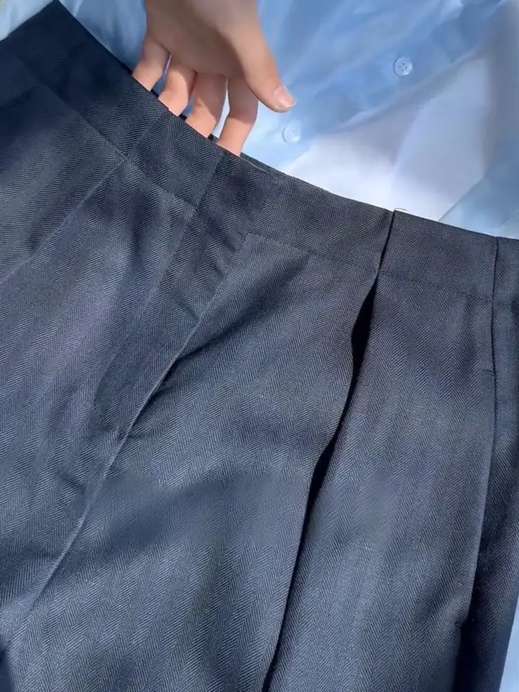 High Waist Pleated Light Blue Casual Pants Women's Summer Fashion Linen Suit Trousers Recommended by Old Money Style