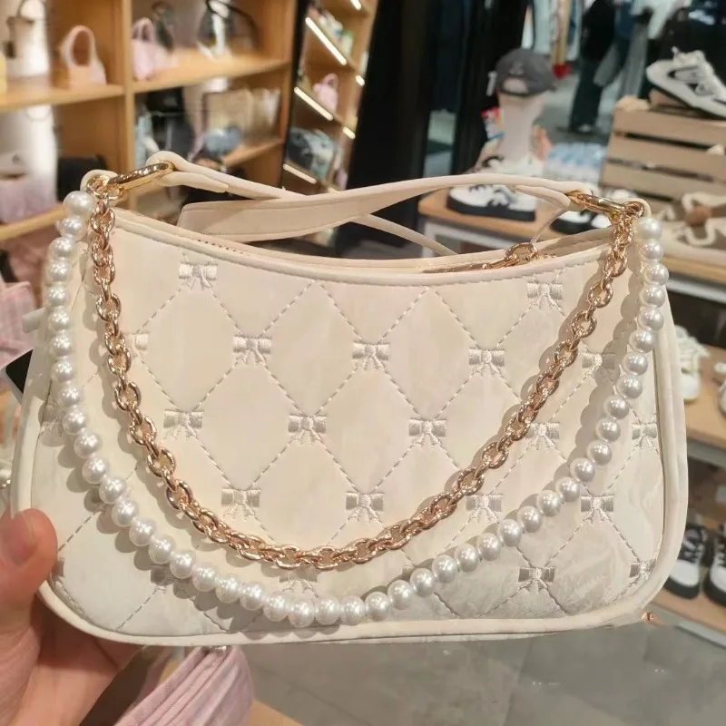Xiuya Borsa a tracolla da donna rosa Elegante fiocco carino Catene di perle Borsa con ricamo con fiocco Borsa femminile in pelle moda coreana casual