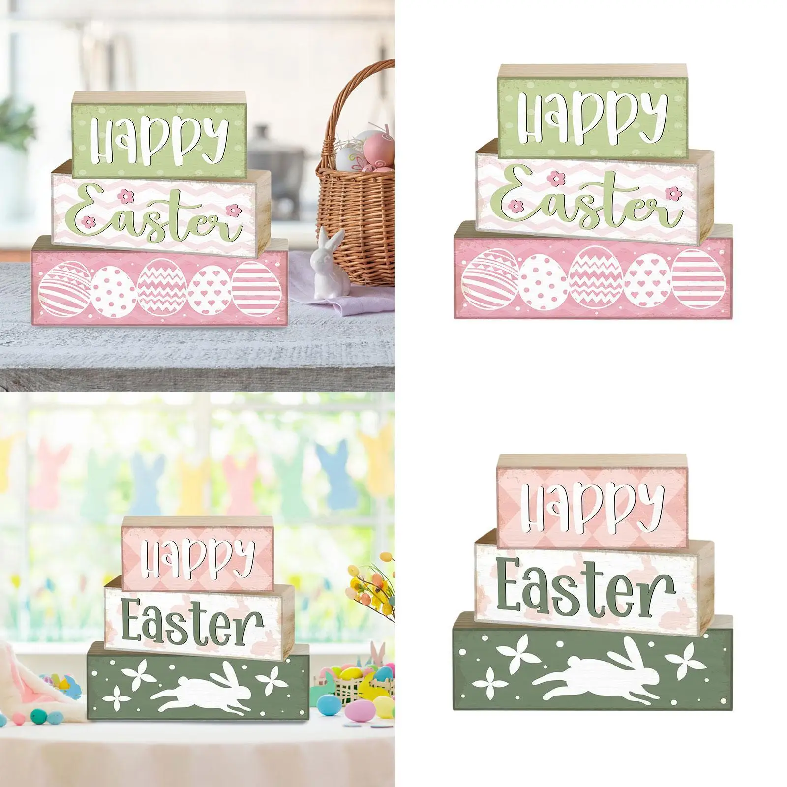 3 Pieces Wooden Easter Table Block,Multifunctional Gift Tabletop Sign Easter