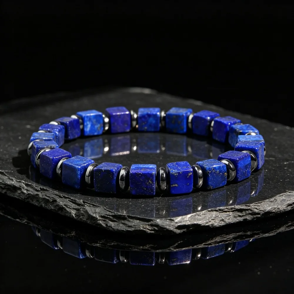Casual-style Square Lapis Lazuli Bead Memory Bracelet Handcrafted Elastic Cord Skinfriendly Suitable for Daily Wear for Both Men