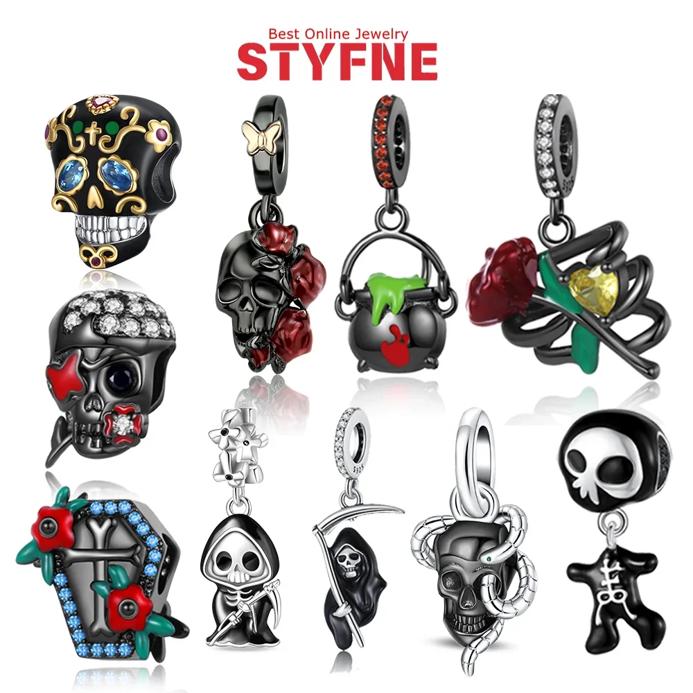 

925 Silver Charms Witch Window Flower Furnace Beads Black Ghost Skull Flower Pendants Fit Diy Bracelet Festival Party Jewelry